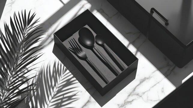 Elegant matte black flatware set is presented in a dark container atop a marbled surface with strong shadows.