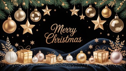 Elegant merry christmas greeting card with golden ornaments, stars, gift boxes, and festive decorations on a dark background