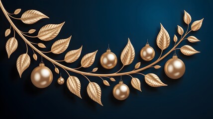 Elegant golden branch with festive baubles and leaves on a dark blue background, perfect for holiday celebrations