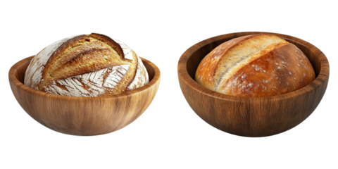 Two loaves of artisanal bread beautifully displayed in wooden bowls. The loaves have a rustic appearance