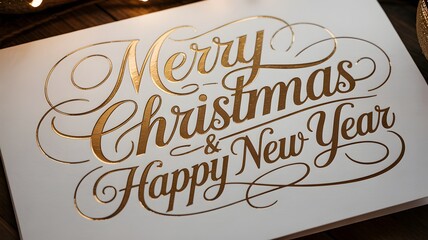 Elegant golden merry christmas happy new year calligraphy on a white card, festive holiday greeting