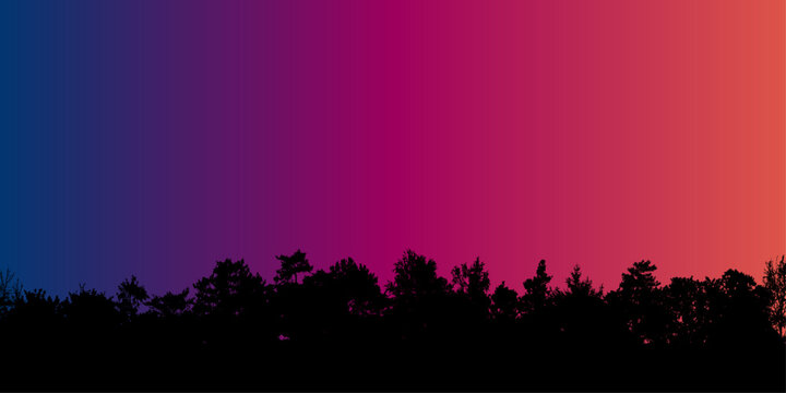 Forest silhouette vector background with vibrant sunset gradient sky midnight blue to fiery orange