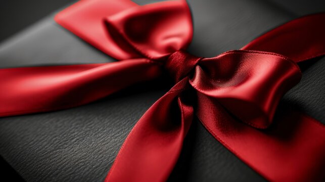 Sophisticated red ribbon bow on a dark gift box for an exquisite celebration presentation