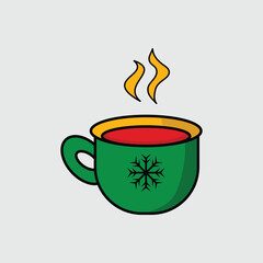 A hand-drawn illustration of a steaming green mug filled with a red beverage, adorned with a snowflake design.