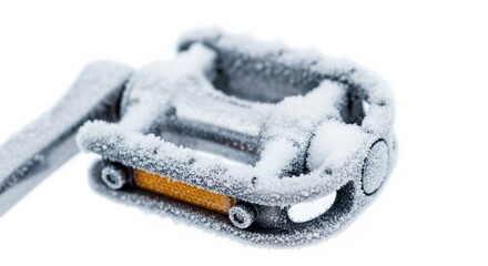 Snow-covered bicycle pedal on white background with concept of copy space  