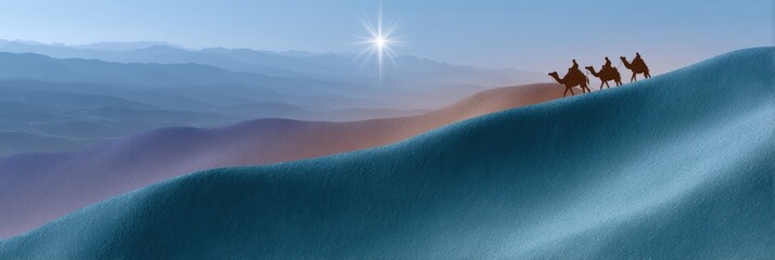 pastel desert illustration, soft pastel desert scenes with subtle three wise men silhouette, star radiance in watercolor web banner for modern sites