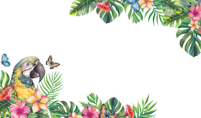 Watercolor tropical frame with vibrant parrot, hibiscus flowers, plumeria, monstera and palm leaves. Bright botanical border perfect for summer designs, invitations, posters and exotic themed layouts.