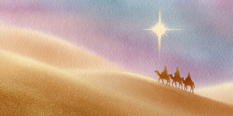 christmas postcard illustration, pastel watercolor postcard with the three kings traveling to bethlehem under a shining star, delicate brush textures, warm gradients, and gold accents