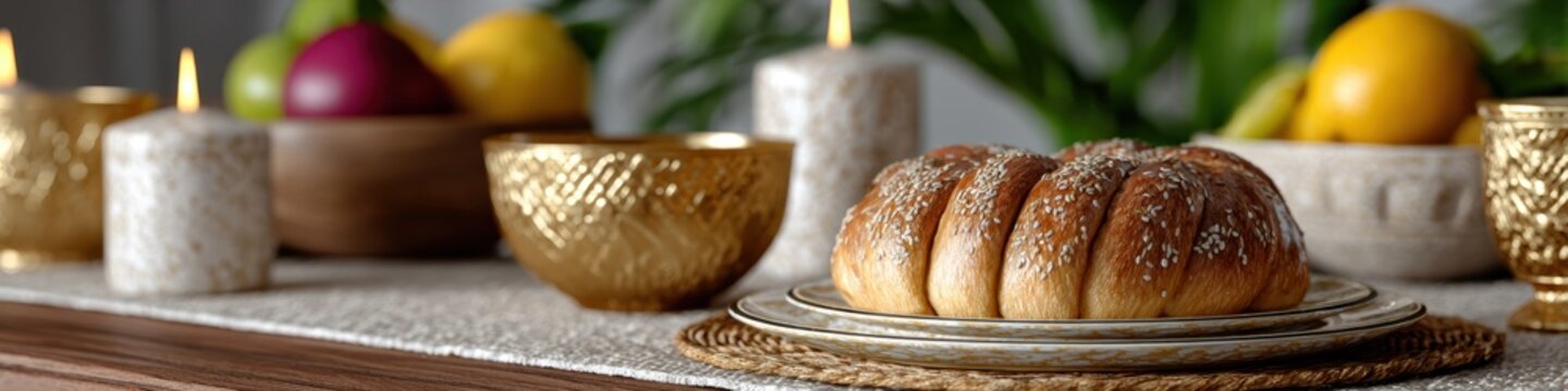 holiday table setting, luxurious d rendering of an elegant epiphany table with a detailed rosca de reyes centerpiece, glossy plates, fresh fruits, candlelight, and rich holiday decor