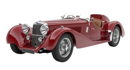 Luxurious vintage sports car with a detailed two-seater cockpit showcased in an isolated setting