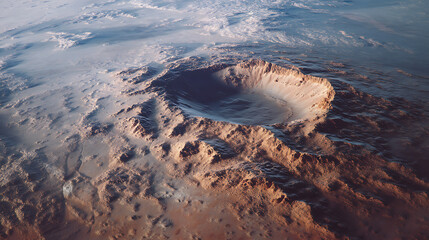 A large circular impact crater on a desert planet