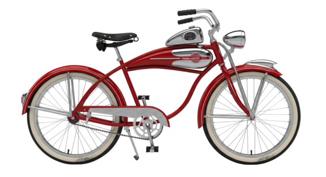 Vintage American cruiser bicycle featuring distinctive streamlined headlamp integrated into the front fender