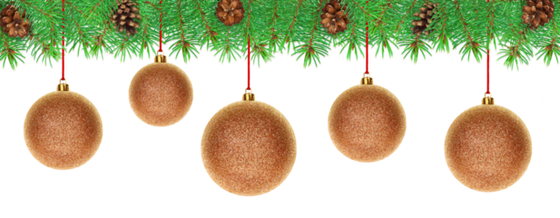 Banner of Christmas background with golden glitter baubles hanging from fir branches and pine cones isolated on transparent backdrop. Festive decoration for holiday design and winter celebration. PNG