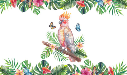 Watercolor tropical frame with cacadu, hibiscus flowers, plumeria, monstera and palm leaves. Bright botanical border perfect for summer designs, invitations, posters and exotic themed layouts.