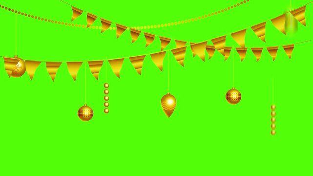 Christmas Golden triangle banner garlands hanging on a green screen for festive celebrations and decorations