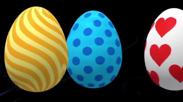 Three decorated egg-shaped objects stand against a dark background - Powered by Adobe