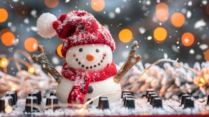 Festive winter party featuring a snowman disco ball on a dj mixer surrounded by colorful lights