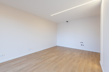 Empty Modern Room Interior with Wooden Flooring and White Walls