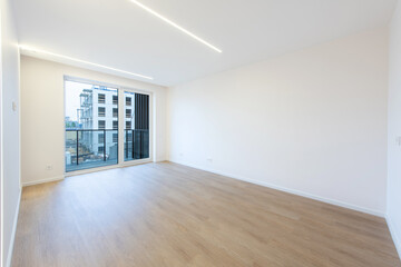 Modern Minimalist Apartment Interior with Wooden Flooring and Balcony View