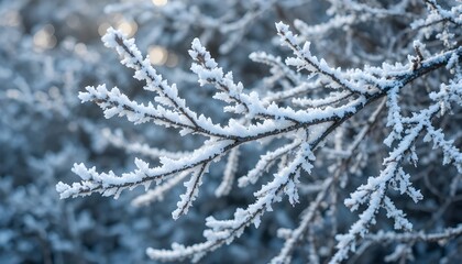 Delicate hoarfrost crystals cover tree branches on a cold winter morning