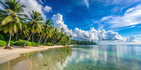 Tropical beach with palm trees and calm ocean under a blue sky