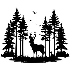 Silhouette of a deer standing in a forest with birds flying above