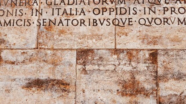 Latin inscription of the Res Gestae Divi Augusti The Deeds of the Divine Augustus written by Emperor Augustus in Rome, Italy