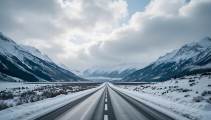 A long, straight road leads through a snowy mountain valley under a cloudy sky