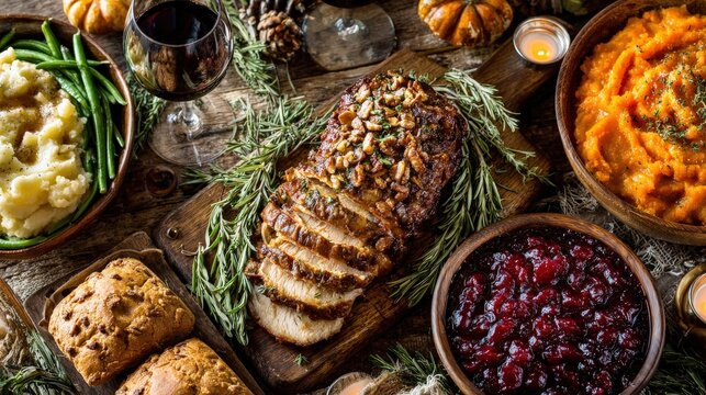 Festive holiday dinner featuring a sliced roast surrounded by assorted side dishes and wine on a rustic wooden table