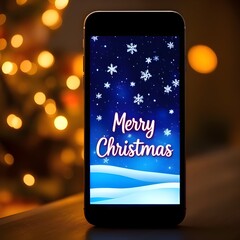 Merry Christmas message on phone screen. Christmas photo