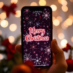 Merry Christmas message on phone screen. Christmas photo