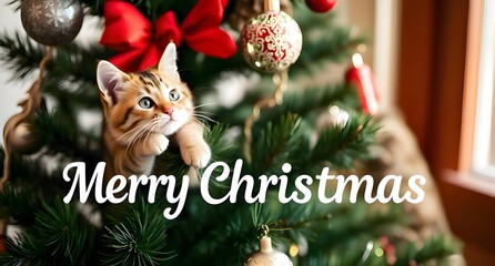 Merry Christmas message with a cat climbing a christmas tree in background