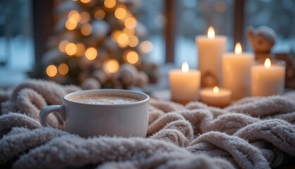 Cozy winter scene with a warm drink, lit candles, and a festive christmas tree