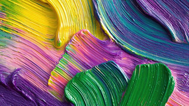 Thick, vibrant oil paint strokes blend across a textured surface showing distinct color segments