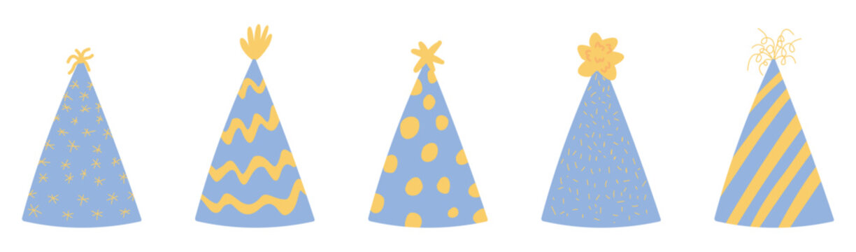 Set of festive hats for birthday. Yellow and blue decor for the holiday