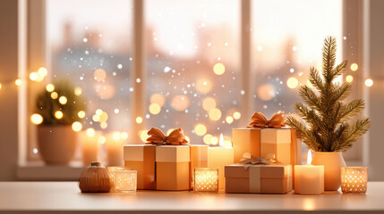 Cozy Christmas scene with gifts and candles