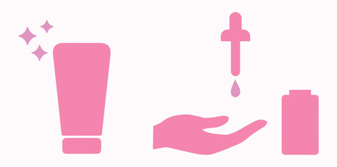 Beauty products, wellness, health, cosmetics, skincare, face, routine, women. Glow, facial serum, aesthetics, makeup, lotion, eye cream, treatment, moisturizer, hygiene products, procedure. Set, icon,