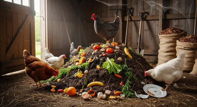 Farm Sustainability: Chickens Feeding on a Compost Heap
Five free-range chickens — a mix of brown, black, and white hens and a rooster standing prominently on top— are actively pecking and foraging  - Powered by Adobe