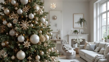 Cozy living room with a beautifully decorated christmas tree for the holidays
