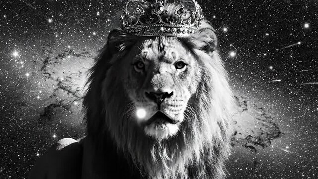 Majestic lion portrait wearing crown against cosmic background in black and white