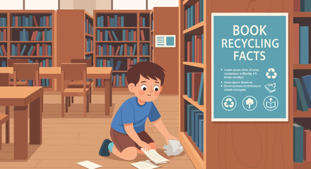 Boy in a library collecting scattered papers near a book recycling awareness poster