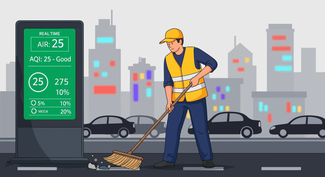 City sanitation worker sweeping the street with air quality monitoring screen