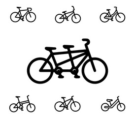 2Diverse Bicycle Icon Vector Pack Collection of Black Silhouettes Featuring Road Bikes, Classic Cruisers, Small Children's Bikes, and a Prominent Tandem Bicycle for Web and Print Design