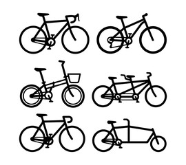 Minimalist Bicycle Icons Set Vector Collection of Six Black Silhouette Bikes, including Road, Mountain, Folding, Tandem, Cargo, and Cruiser Styles for Design and Web.
