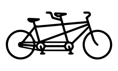 Prominent Tandem Bicycle Icon: Detailed Black Outline Vector Graphic, Perfect for Two Riders; Ideal for Transportation, Relationship, and Shared Cycling Themes in Web Design and Print Media.