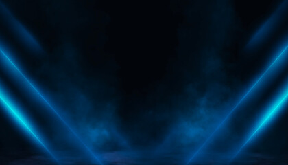 Dark night scene over water, fog over dark ocean water, dark surface, neon light, reflections on the water. Fantasy night water scene.