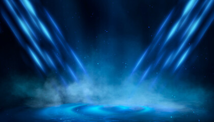 Dark night scene over water, fog over dark ocean water, dark surface, neon light, reflections on the water. Fantasy night water scene.