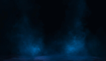 Dark night scene over water, fog over dark ocean water, dark surface, neon light, reflections on the water. Fantasy night water scene.