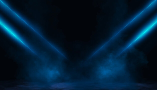 Dark night scene over water, fog over dark ocean water, dark surface, neon light, reflections on the water. Fantasy night water scene.