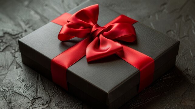 Sophisticated red ribbon bow adorning a dark gift box for an upscale celebration event